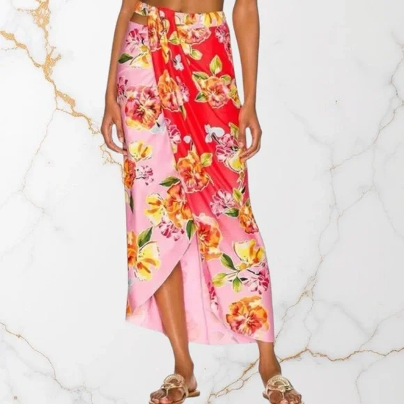 AGUA BENDITA X REVOLVE Mimi Sarong Style Skirt in Pink and Red Blossom NWT - Picture 1 of 9